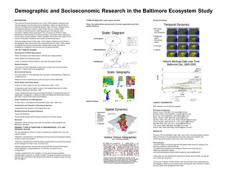 Demographic and Socioeconomic Research in the Baltimore Ecosystem Study BACKGROUND The inclusion of social scientists in any of the LTER projects is relatively.