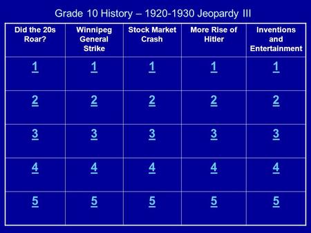 Grade 10 History – 1920-1930 Jeopardy III Did the 20s Roar? Winnipeg General Strike Stock Market Crash More Rise of Hitler Inventions and Entertainment.