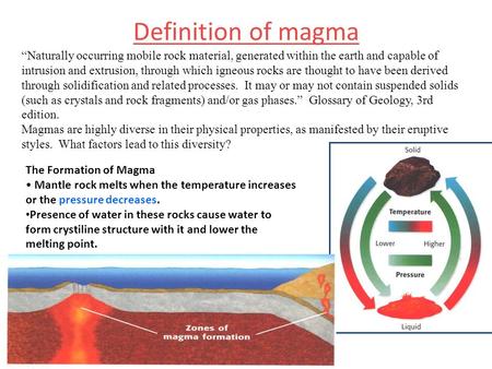Definition of magma “Naturally occurring mobile rock material, generated within the earth and capable of intrusion and extrusion, through which igneous.