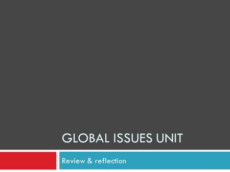 GLOBAL ISSUES UNIT Review & reflection. Human Rights Review  What are human rights?  Two categories?  How does membership in the UN promote hr?  What.