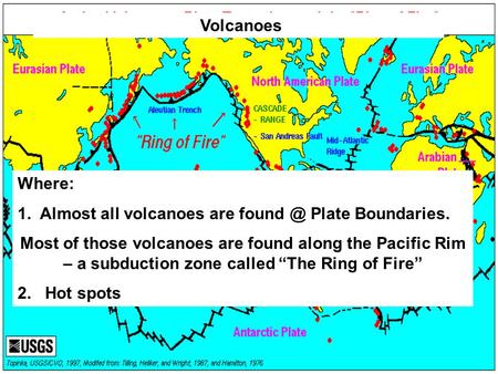 Volcanoes Where: 1.  Almost all volcanoes are Plate Boundaries.