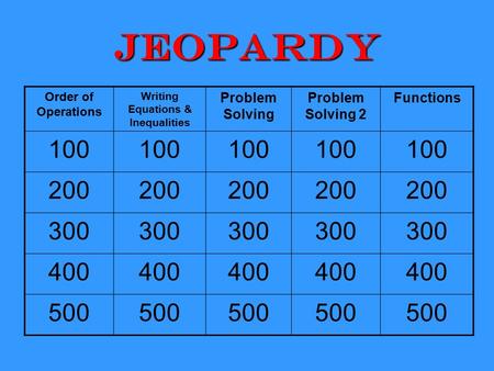 Jeopardy Order of Operations Writing Equations & Inequalities Problem Solving Problem Solving 2 Functions 100 200 300 400 500.