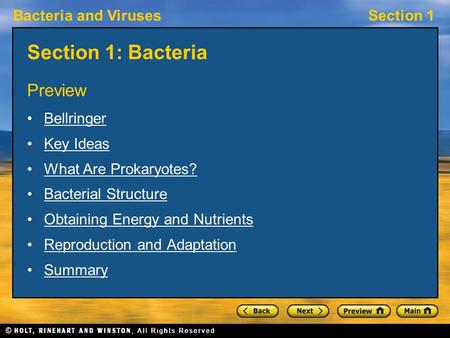 Bacteria and VirusesSection 1 Section 1: Bacteria Preview Bellringer Key Ideas What Are Prokaryotes? Bacterial Structure Obtaining Energy and Nutrients.