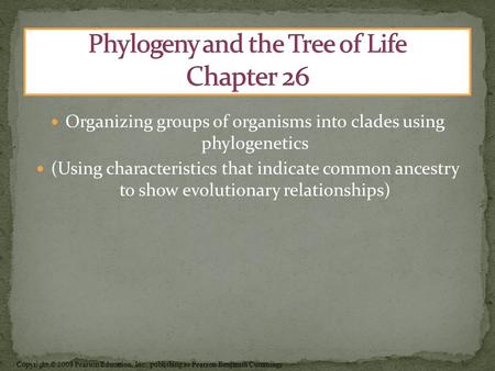 Copyright © 2008 Pearson Education, Inc., publishing as Pearson Benjamin Cummings Organizing groups of organisms into clades using phylogenetics (Using.