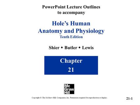 PowerPoint Lecture Outlines to accompany Hole’s Human Anatomy and Physiology Tenth Edition Shier  Butler  Lewis Chapter 21 Copyright © The McGraw-Hill.