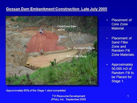TVI Resource Development (Phils), Inc. September 2005 1 Gossan Dam Embankment Construction Late July 2005 Placement of Core Zone Material. Placement of.
