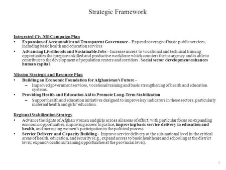 Strategic Framework Integrated Civ-Mil Campaign Plan Expansion of Accountable and Transparent Governance – Expand coverage of basic public services, including.