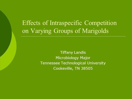 Effects of Intraspecific Competition on Varying Groups of Marigolds Tiffany Landis Microbiology Major Tennessee Technological University Cookeville, TN.