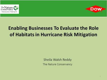 Sheila Walsh Reddy The Nature Conservancy 1 Enabling Businesses To Evaluate the Role of Habitats in Hurricane Risk Mitigation.