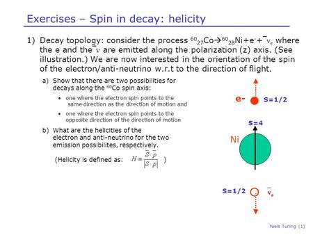 Niels Tuning (1) Exercises – Spin in decay: helicity 1)Decay topology: consider the process 60 27 Co  60 28 Ni+e - + ν e where the e and the ν are emitted.