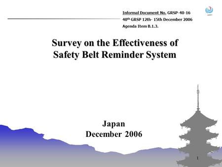 1 Survey on the Effectiveness of Safety Belt Reminder System Japan December 2006 Informal Document No. GRSP-40-16 40 th GRSP 12th- 15th December 2006 Agenda.