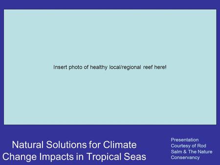 Natural Solutions for Climate Change Impacts in Tropical Seas Presentation Courtesy of Rod Salm & The Nature Conservancy Insert photo of healthy local/regional.