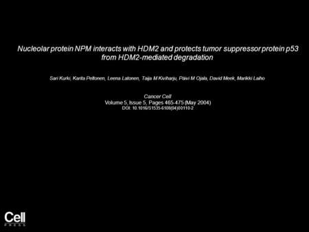 Nucleolar protein NPM interacts with HDM2 and protects tumor suppressor protein p53 from HDM2-mediated degradation Sari Kurki, Karita Peltonen, Leena Latonen,