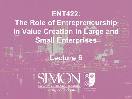 1 ENT422: The Role of Entrepreneurship in Value Creation in Large and Small Enterprises Lecture 6.