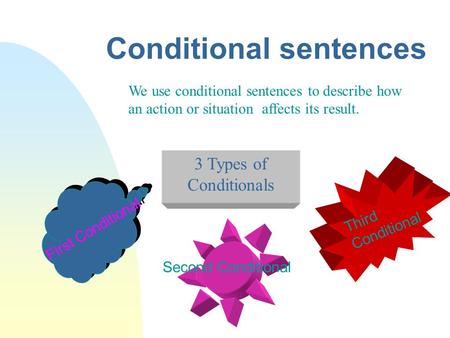 Conditional sentences We use conditional sentences to describe how an action or situation affects its result. Second Conditional First Conditional Third.