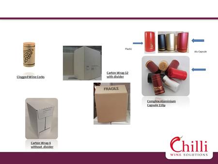 Clogged Wine Corks Carton Wrap 12 with divider Complex Aluminium Capsule 110µ Carton Wrap 6 without divider.