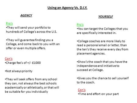 Using an Agency Vs. D.I.Y. Pro’s They will send your portfolio to hundreds of College’s across the U.S. They will guarantee finding you a College, and.