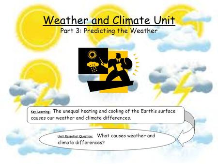 Key Learning: The unequal heating and cooling of the Earth’s surface causes our weather and climate differences. Unit Essential Question: What causes weather.