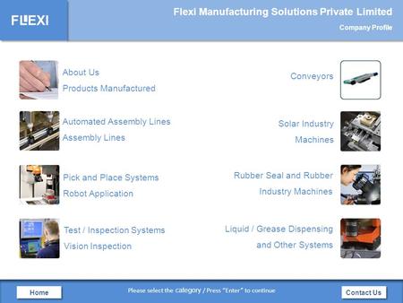 FLEXI Flexi Manufacturing Solutions Private Limited Company Profile Contact Us Home Automated Assembly Lines Assembly Lines Pick and Place Systems Robot.