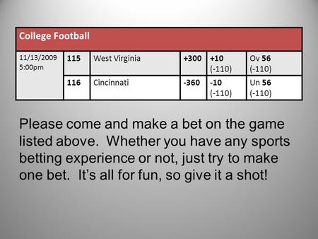 College Football 11/13/2009 5:00pm 115West Virginia+300+10 (-110) Ov 56 (-110) 116Cincinnati-360-10 (-110) Un 56 (-110) Please come and make a bet on the.