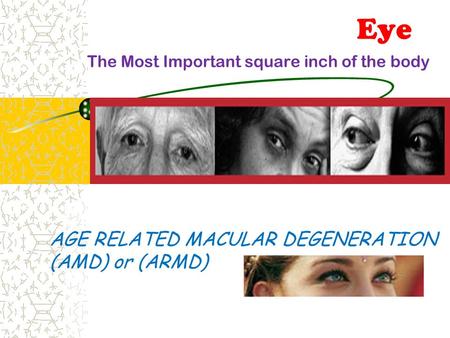 AGE RELATED MACULAR DEGENERATION (AMD) or (ARMD) Eye The Most Important square inch of the body.