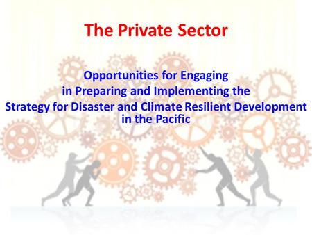 The Private Sector Opportunities for Engaging in Preparing and Implementing the Strategy for Disaster and Climate Resilient Development in the Pacific.