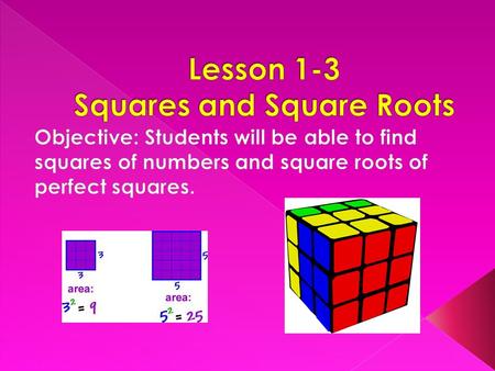 Find the area of each square. How do you find the area of each square? Area may be found by either counting the number of units or multiply length of.