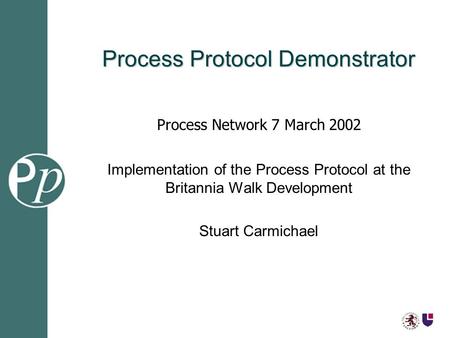 Process Protocol Demonstrator Implementation of the Process Protocol at the Britannia Walk Development Stuart Carmichael Process Network 7 March 2002.