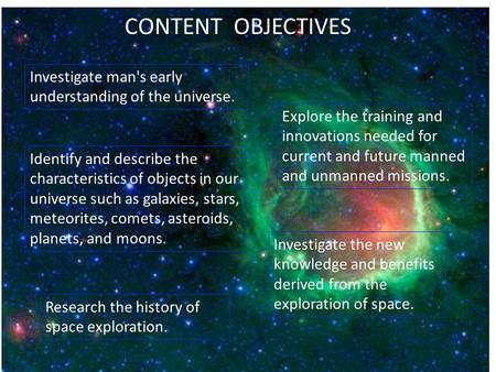 Investigate man's early understanding of the universe. Identify and describe the characteristics of objects in our universe such as galaxies, stars, meteorites,