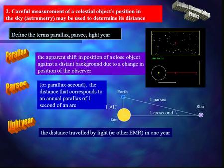 Earth Sun Star 2. Careful measurement of a celestial object’s position in the sky (astrometry) may be used to determine its distance Define the terms parallax,