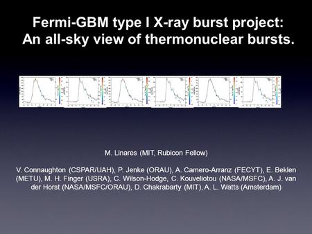 Fermi-GBM type I X-ray burst project: An all-sky view of thermonuclear bursts. M. Linares (MIT, Rubicon Fellow) V. Connaughton (CSPAR/UAH), P. Jenke (ORAU),
