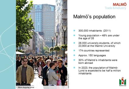 300,000 inhabitants (2011) Young population – 48% are under the age of 35 26,000 university students, of which 23,900 at the Malmö University 174 countries.