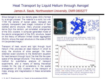 Heat Transport by Liquid Helium through Aerogel James A. Sauls, Northwestern University, DMR 0805277 Silica Aerogel is very low density glass (SiO 2 )