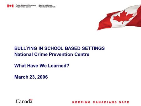 BULLYING IN SCHOOL BASED SETTINGS National Crime Prevention Centre What Have We Learned? March 23, 2006.