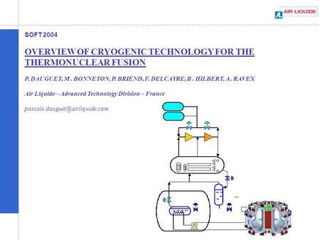 SOFT 2004 OVERVIEW OF CRYOGENIC TECHNOLOGY FOR THE THERMONUCLEAR FUSION P. DAUGUET, M. BONNETON, P. BRIEND, F. DELCAYRE, B. HILBERT, A. RAVEX Air Liquide.