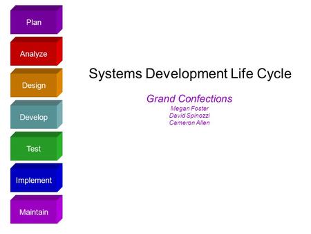 Plan Design Analyze Develop Test Implement Maintain Systems Development Life Cycle Grand Confections Megan Foster David Spinozzi Cameron Allen.