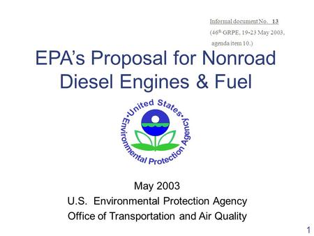 1 EPA’s Proposal for Nonroad Diesel Engines & Fuel May 2003 U.S. Environmental Protection Agency Office of Transportation and Air Quality Informal document.