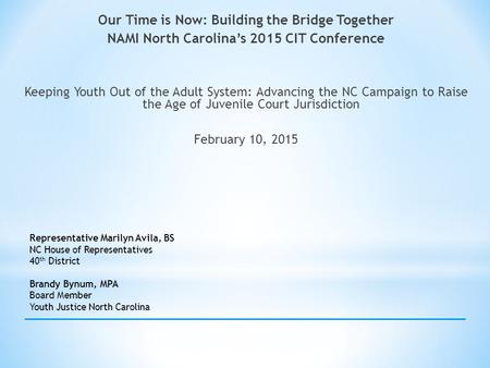 Our Time is Now: Building the Bridge Together NAMI North Carolina’s 2015 CIT Conference Keeping Youth Out of the Adult System: Advancing the NC Campaign.
