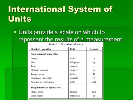 International System of Units  Units provide a scale on which to represent the results of a measurement.
