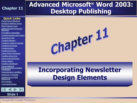 Chapter 11 Quick Links Slide 1 Performance Objectives Desktop Publishing Terms Word Features Used Adding Visually Enhancing Elements Formatting a Newsletter.