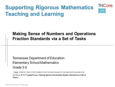 © 2013 University Of Pittsburgh Supporting Rigorous Mathematics Teaching and Learning Making Sense of Numbers and Operations Fraction Standards via a Set.