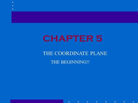 CHAPTER 5 THE COORDINATE PLANE THE BEGINNING!!. 5.1THE COORDINATE PLANE Points are located in reference to two perpendicular number lines called axes.