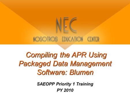 Compiling the APR Using Packaged Data Management Software: Blumen SAEOPP Priority 1 Training PY 2010.