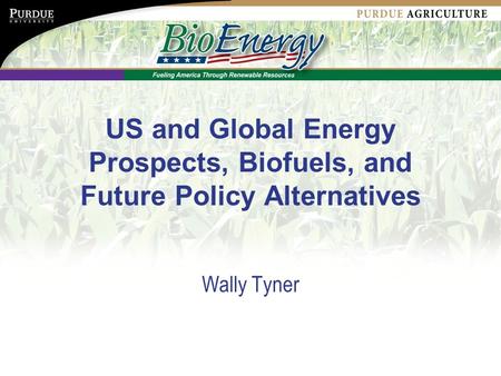 US and Global Energy Prospects, Biofuels, and Future Policy Alternatives Wally Tyner.