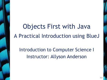 5.0 Objects First with Java A Practical Introduction using BlueJ Introduction to Computer Science I Instructor: Allyson Anderson.