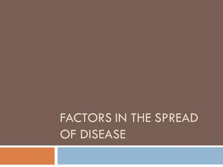FACTORS IN THE SPREAD OF DISEASE. Spread of Diseases  There have been several diseases that have spread across the world killing many  In the middle.