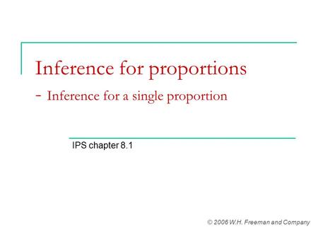 Inference for proportions - Inference for a single proportion IPS chapter 8.1 © 2006 W.H. Freeman and Company.