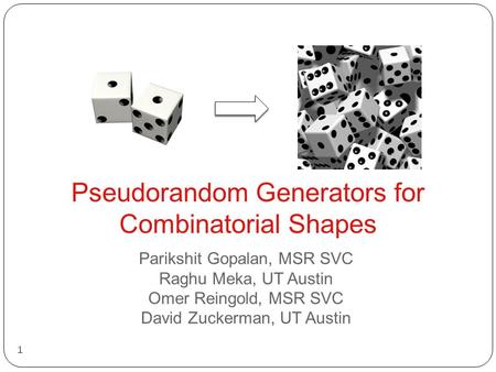 Pseudorandom Generators for Combinatorial Shapes 1 Parikshit Gopalan, MSR SVC Raghu Meka, UT Austin Omer Reingold, MSR SVC David Zuckerman, UT Austin.