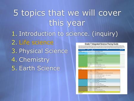 5 topics that we will cover this year 1.Introduction to science. (inquiry) 2.Life science 3.Physical Science 4.Chemistry 5.Earth Science 1.Introduction.