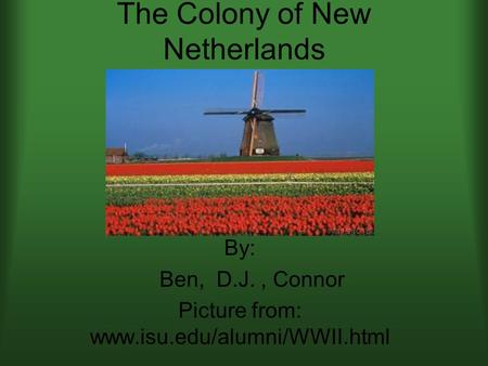 The Colony of New Netherlands By: Ben, D.J., Connor Picture from: www.isu.edu/alumni/WWII.html.